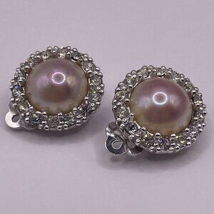 CINER Faux Pearl Rhinestone Silver‎ Tone Clip On Round Earrings Vintage AL5.2